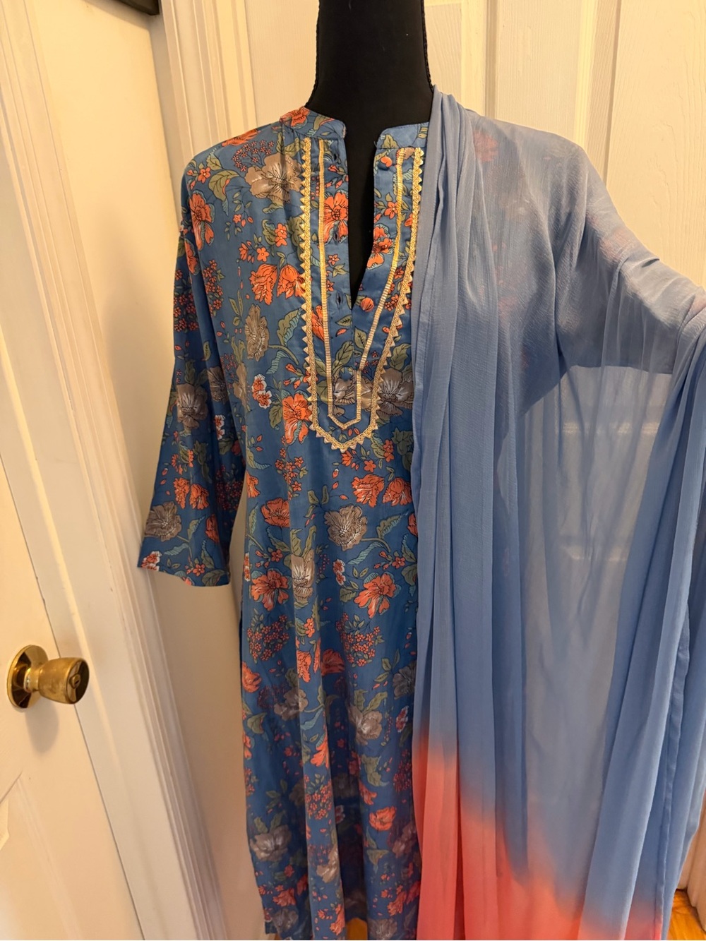 3 Piece Blue Floral Embroidered Long Kurta with Ombre Dupatta